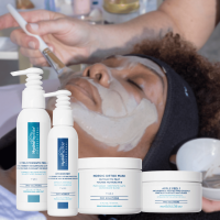 4 Professional Hydropeptide Products in front of a picture of a woman receiving a Hydropeptide facial 